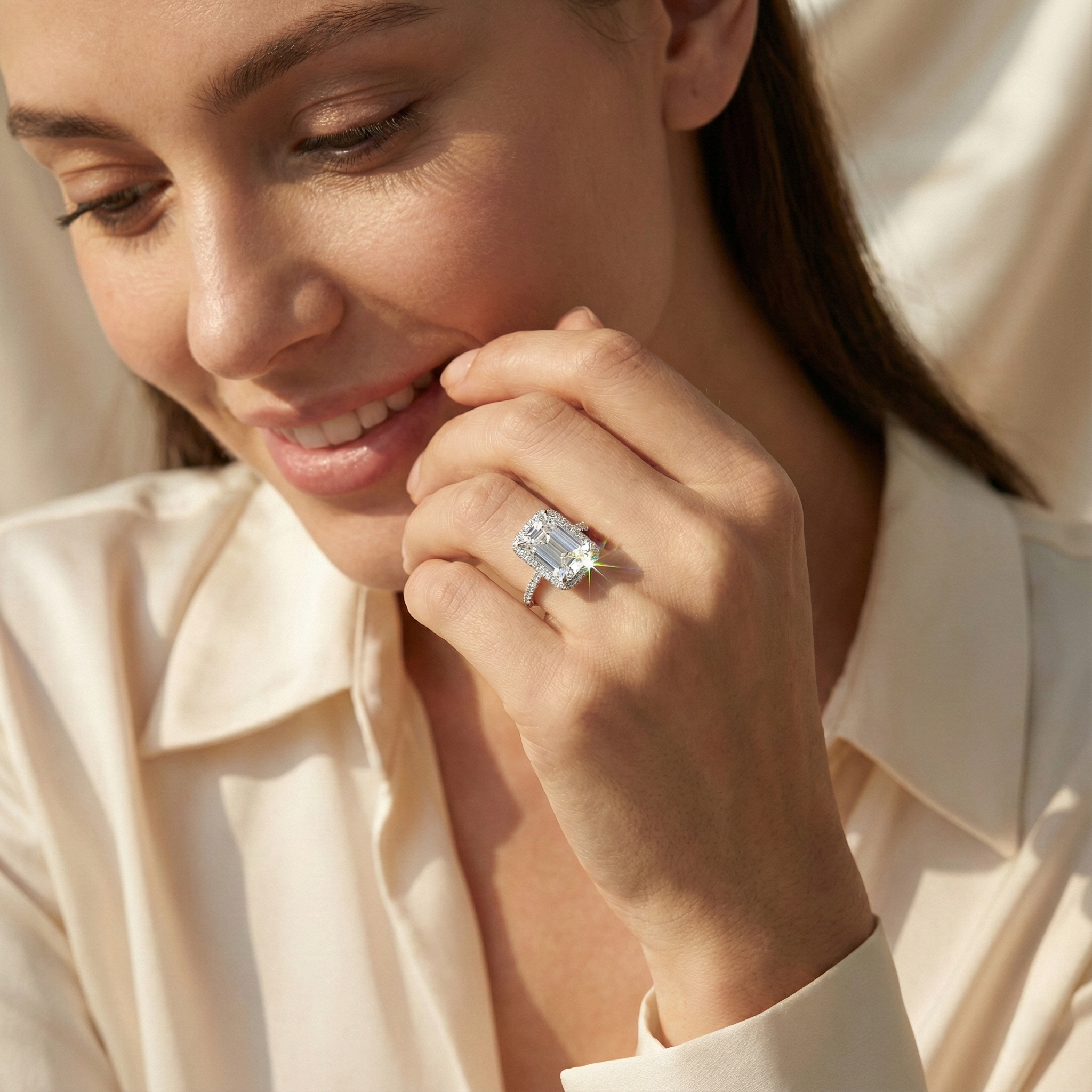 Woman wearing a 17mm ring women, white gold geometric ring, , close-up on face and hand