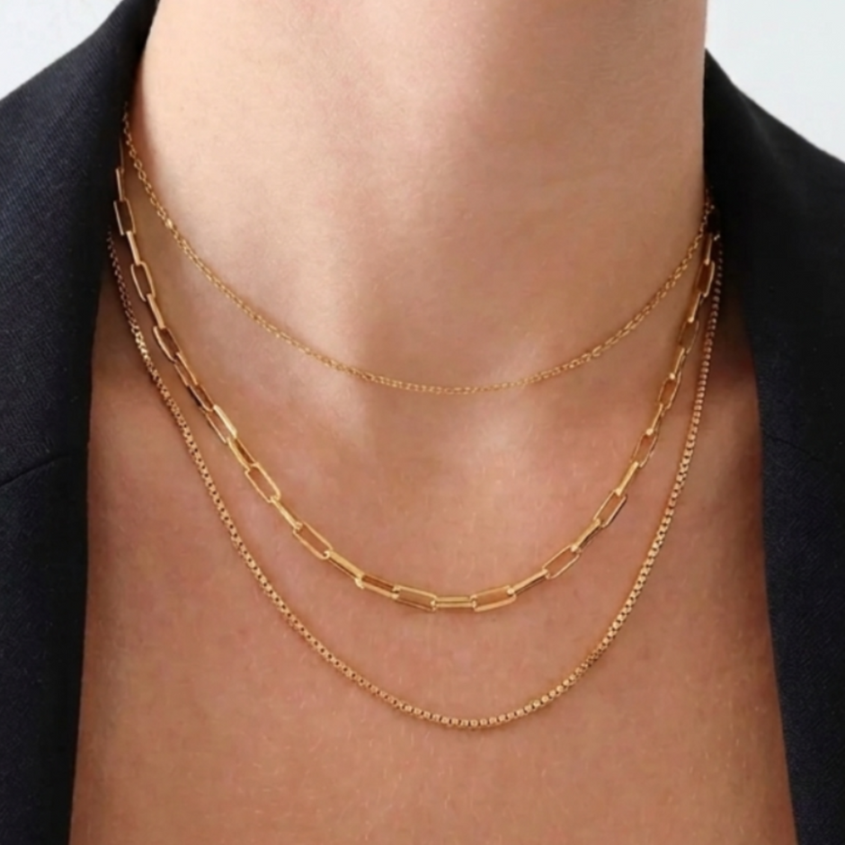 18K gold necklace, layered necklace, triple-layer chain, rolo chain, paperclip chain, box chain, waterproof jewelry, tarnish-free necklace.