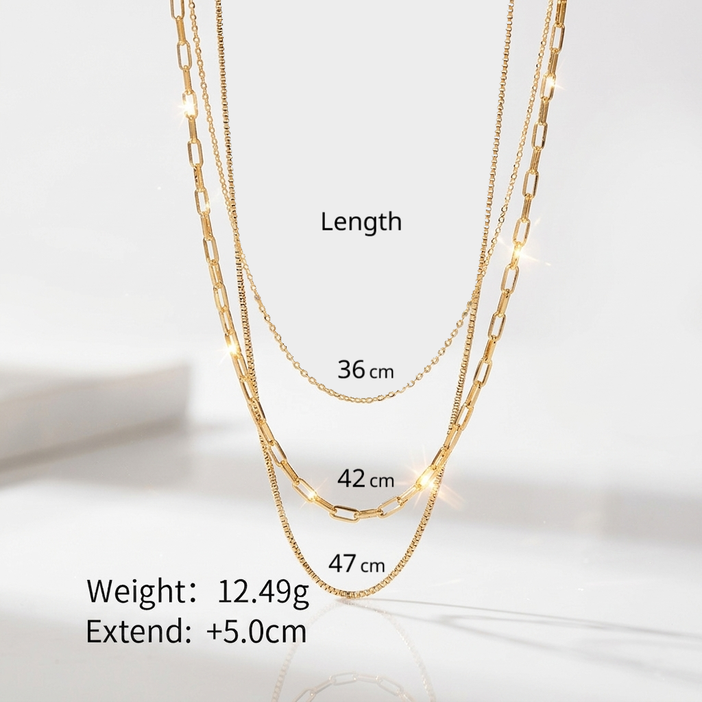 18K gold necklace, layered necklace, triple-layer chain, rolo chain, paperclip chain, box chain, waterproof jewelry, tarnish-free necklace.