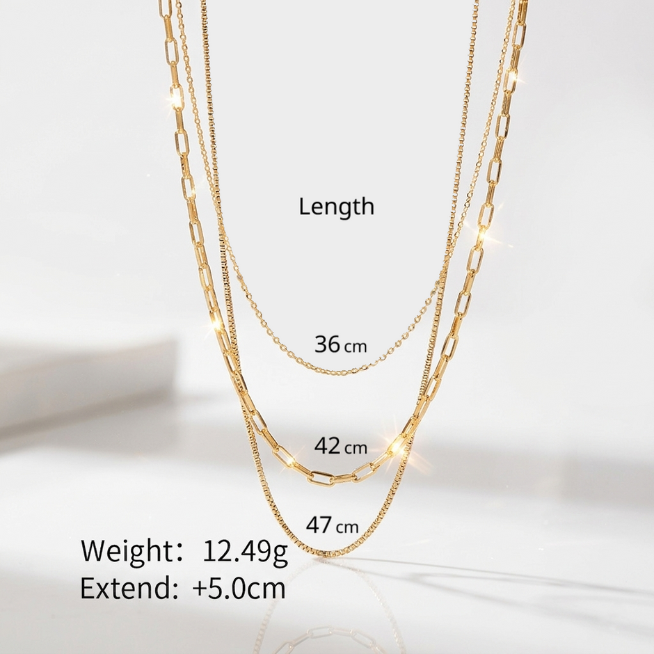 18K gold necklace, layered necklace, triple-layer chain, rolo chain, paperclip chain, box chain, waterproof jewelry, tarnish-free necklace.