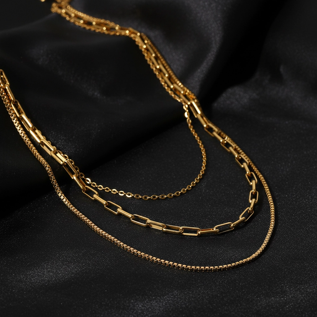 18K gold necklace, layered necklace, triple-layer chain, rolo chain, paperclip chain, box chain, waterproof jewelry, tarnish-free necklace.