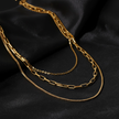 18K gold necklace, layered necklace, triple-layer chain, rolo chain, paperclip chain, box chain, waterproof jewelry, tarnish-free necklace.
