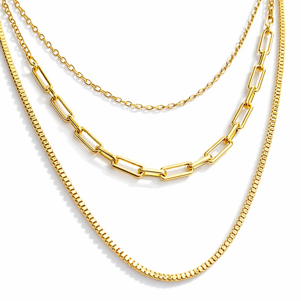18K gold necklace, layered necklace, triple-layer chain, rolo chain, paperclip chain, box chain, waterproof jewelry, tarnish-free necklace.