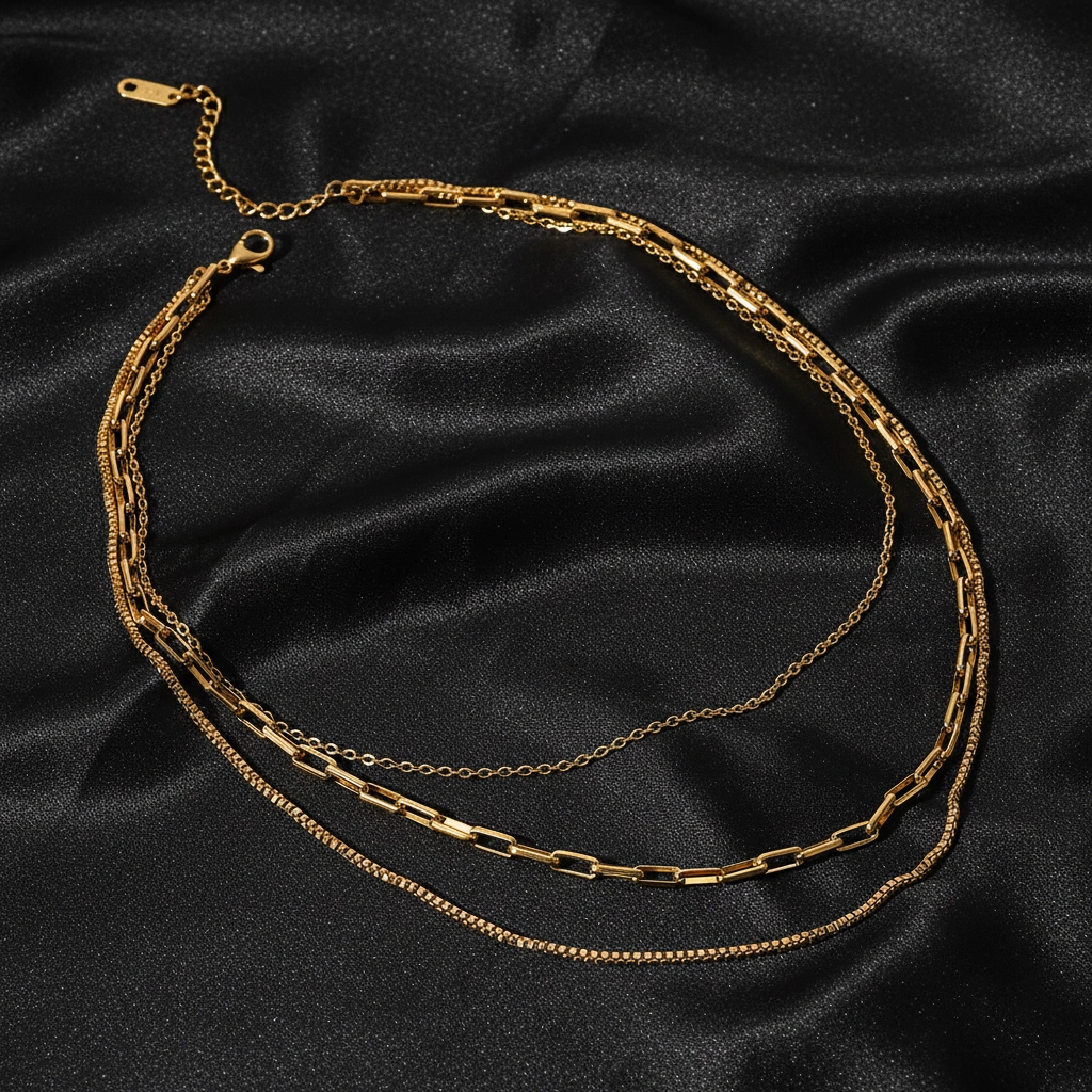 18K gold necklace, layered necklace, triple-layer chain, rolo chain, paperclip chain, box chain, waterproof jewelry, tarnish-free necklace.