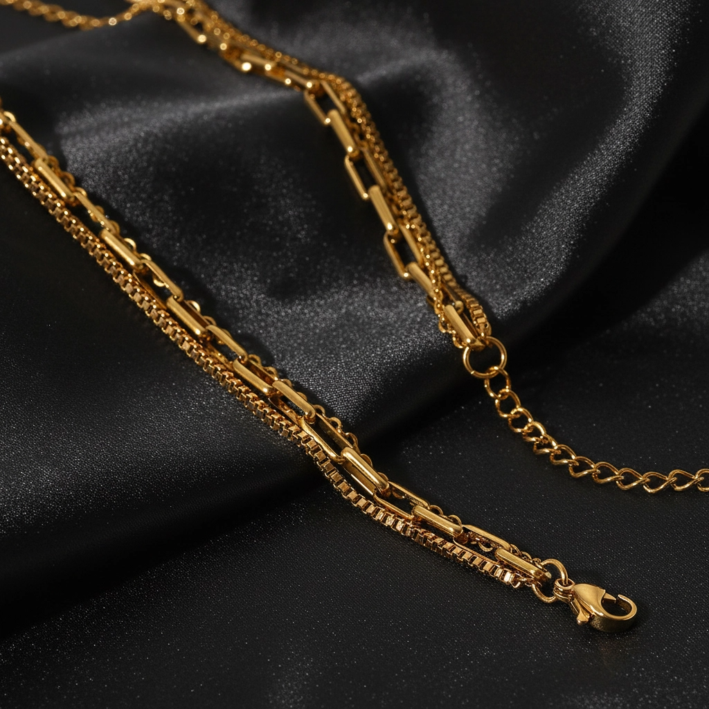 18K gold necklace, layered necklace, triple-layer chain, rolo chain, paperclip chain, box chain, waterproof jewelry, tarnish-free necklace.