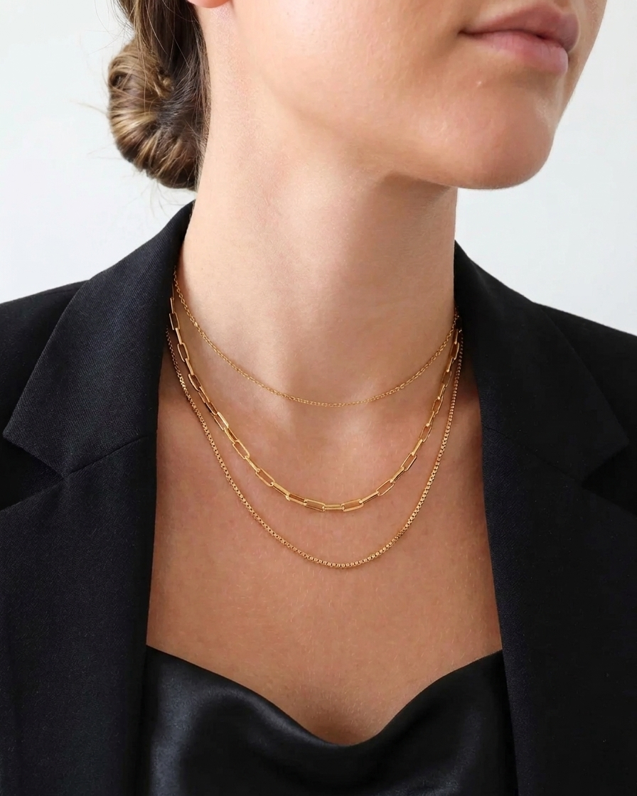 18K gold necklace, layered necklace, triple-layer chain, rolo chain, paperclip chain, box chain, waterproof jewelry, tarnish-free necklace.