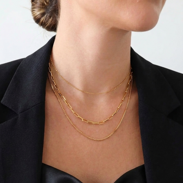 18K gold necklace, layered necklace, triple-layer chain, rolo chain, paperclip chain, box chain, waterproof jewelry, tarnish-free necklace.