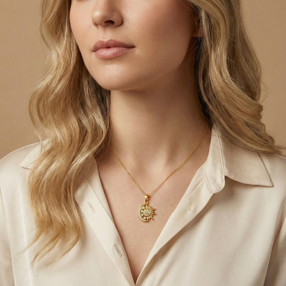 Woman wearing a gold necklace with a sun pendant against a beige background