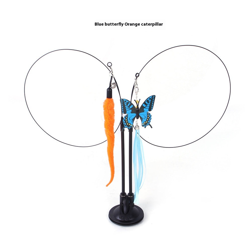 Butterfly and orange caterpillar fishing lures on a stand with text 'Blue butterfly Orange caterpillar'.