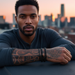 Man with tattoos and bracelets leaning against a railing with a cityscape in the background