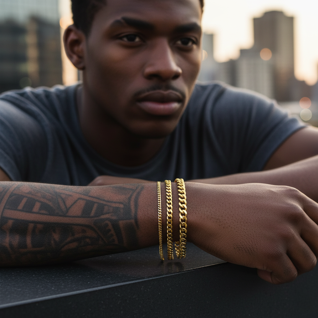 Man with tattoos and gold bracelets against a cityscape background