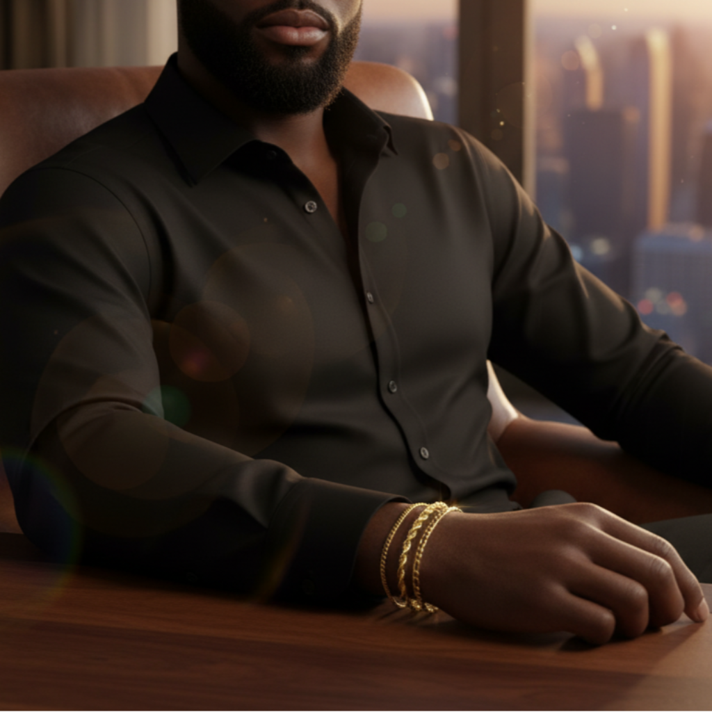 Man sitting at a desk in an office with 3_gold_chains_bracelets