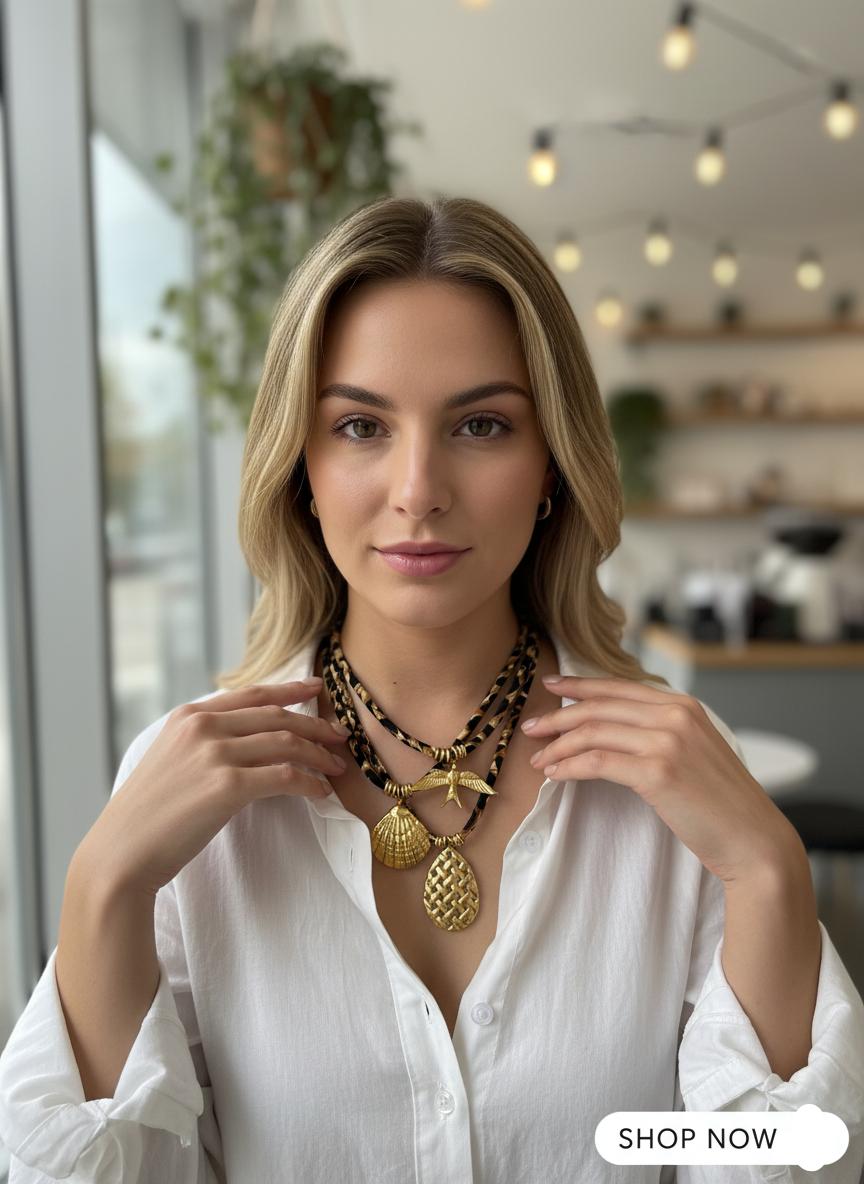 Woman wearing a gold necklace in a modern interior setting