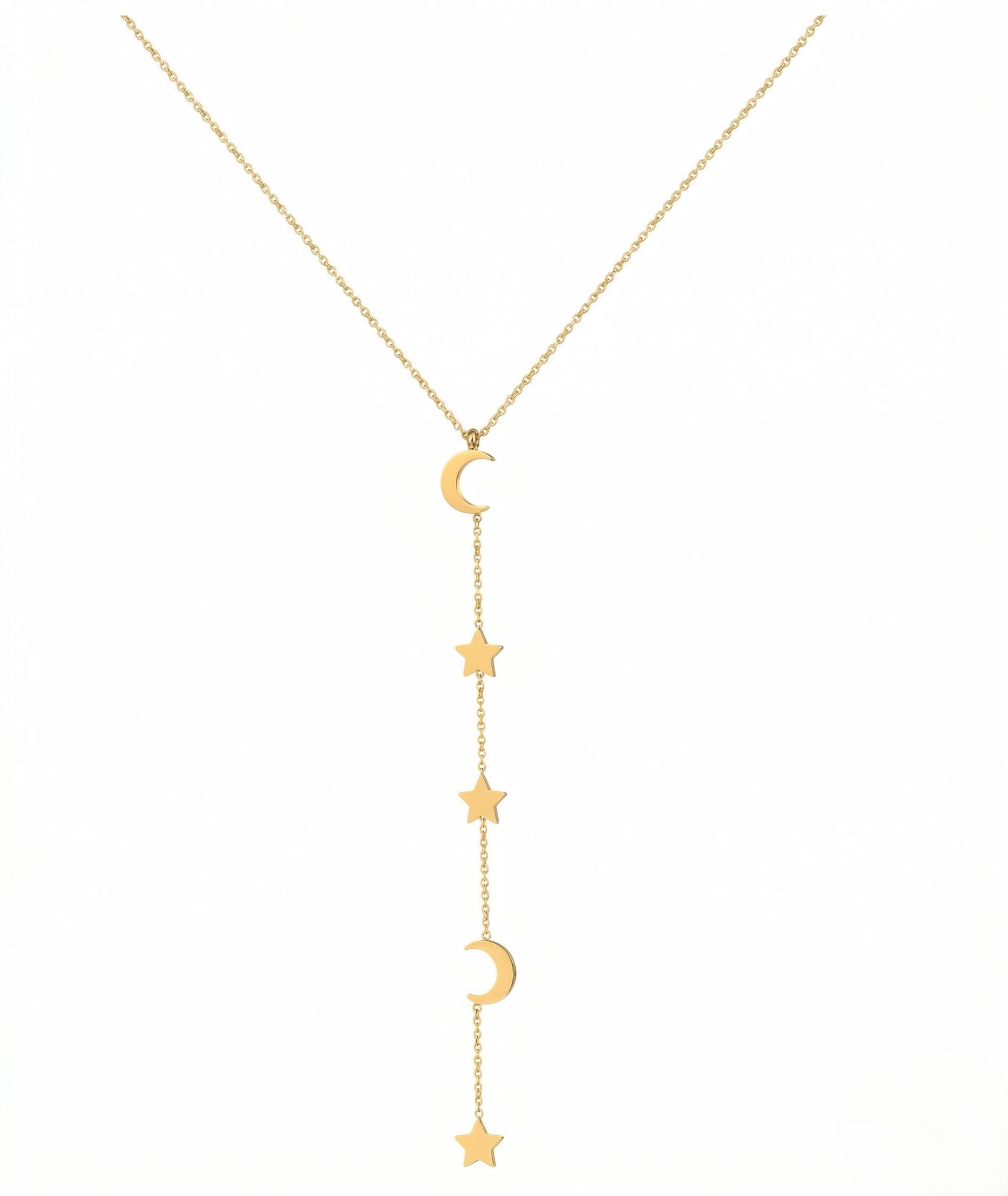 Gold necklace with star and moon pendants on a white background