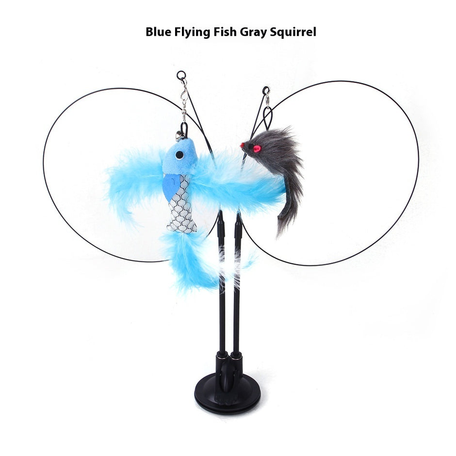 Cat toy with blue flying fish and gray squirrel design on a white background