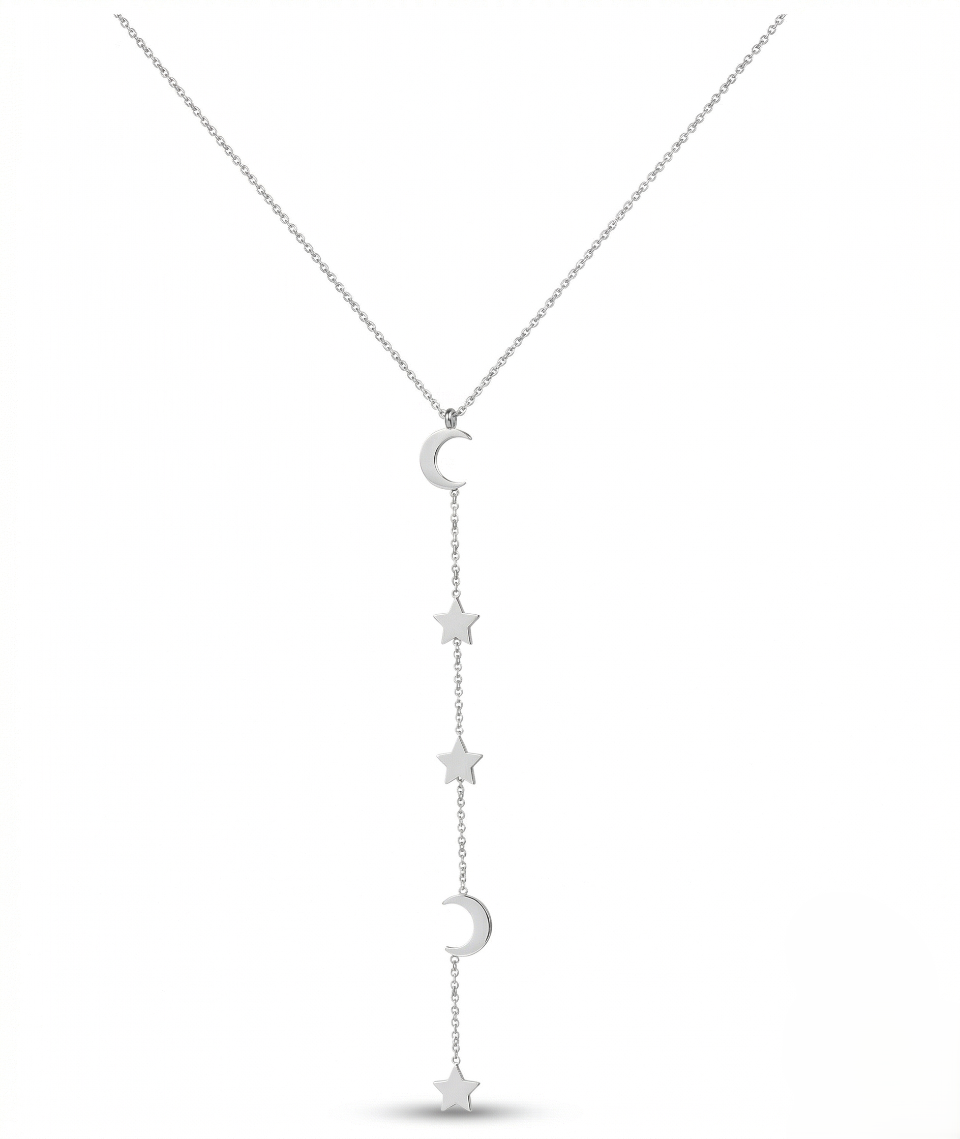 Silver necklace with star and moon pendants on a white background