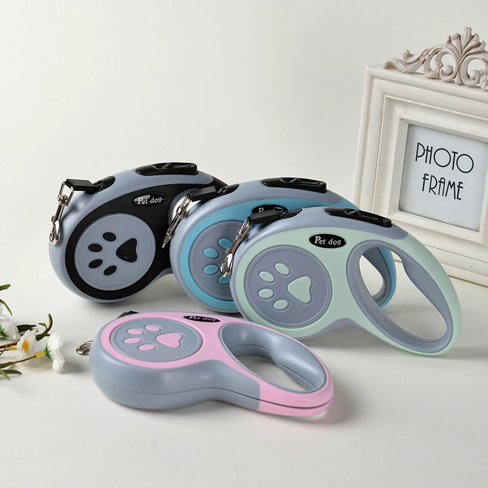 4 retractable dog leashes in different colors on a light surface with a photo frame in the background.