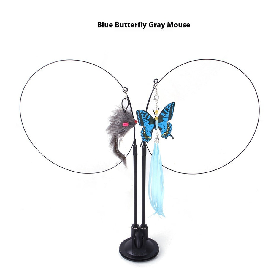 Cat toy with blue butterfly and gray mouse on a white background