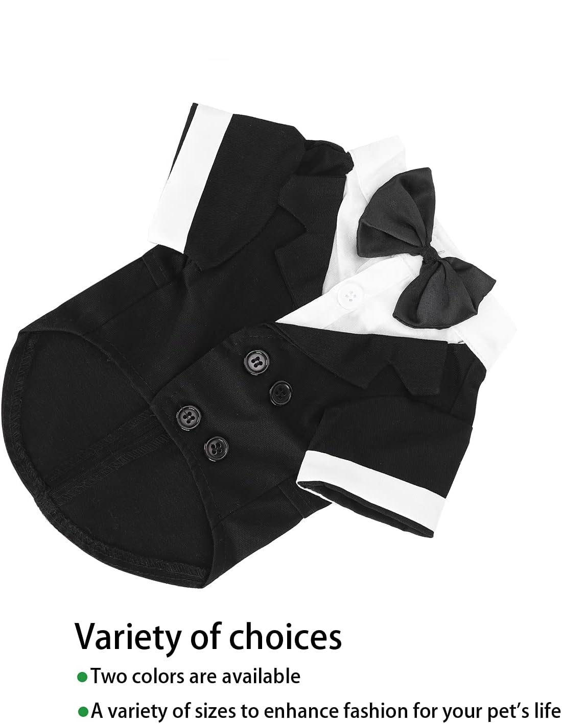 Black pet coat with white trim and a bow, on a white background.