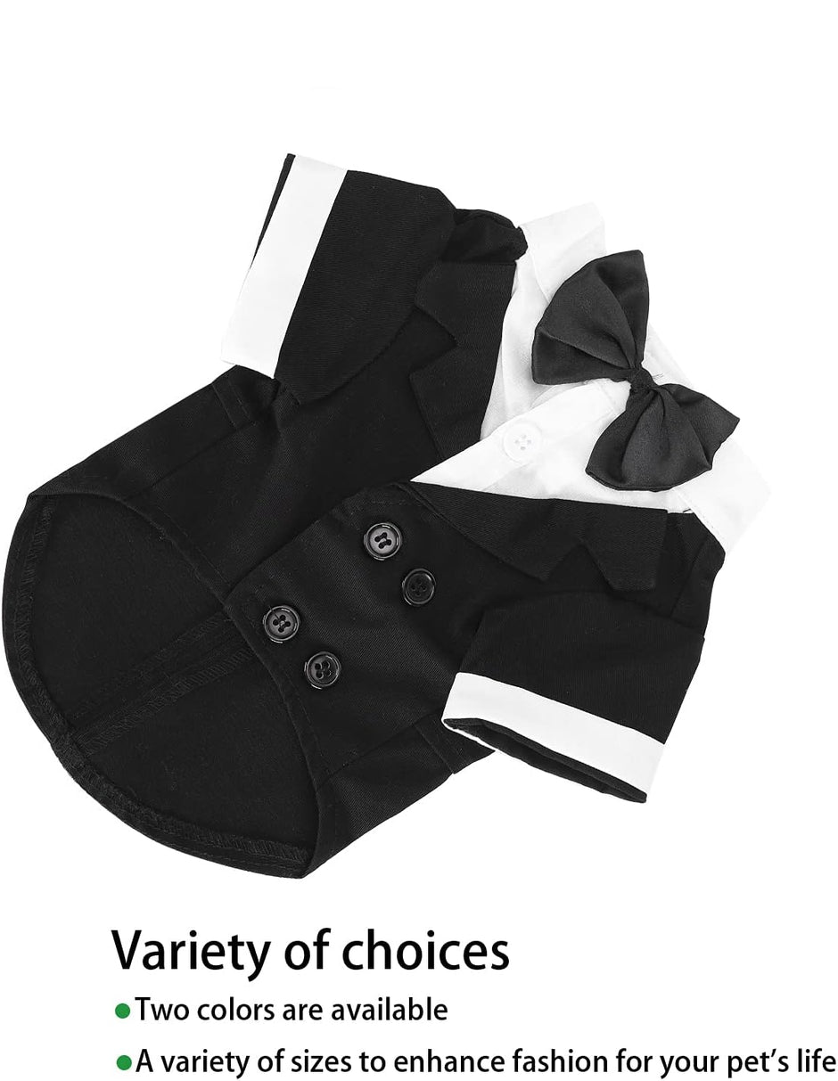 Black pet coat with white trim and a bow, on a white background.
