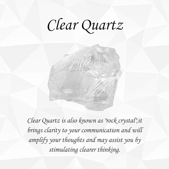 Clear Quartz crystal on a light gray background with text about its properties.