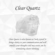Clear Quartz crystal on a light gray background with text about its properties.