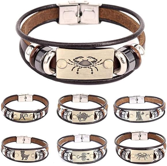 Set of zodiac-themed leather bracelets on a white background