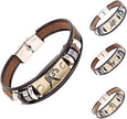 Brown leather bracelet with metal accents on a white background