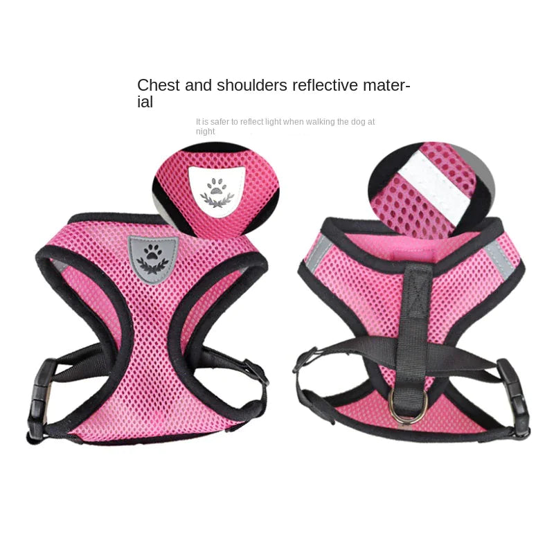 Pink dog harness with reflective material on a white background
