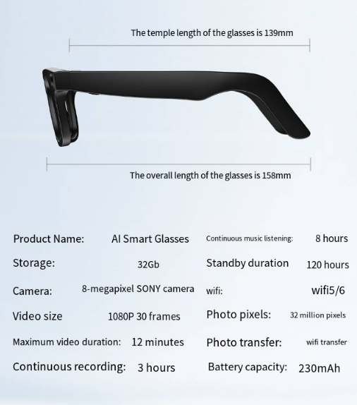 AI Smart Glasses with specifications on a light blue background