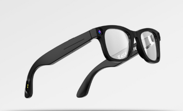 Black smart glasses on a light gray background