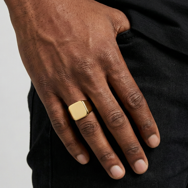 A Man wearing a SteelForce gold Ring for men - 316L stainless steel band
 on a plain background