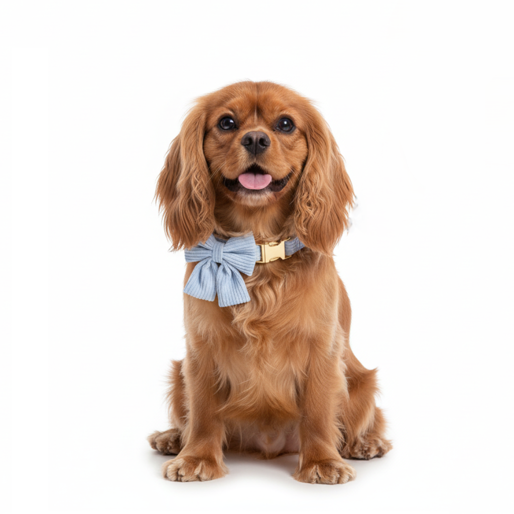 A dog wearing a blue collar with a bow tie and a gold collar on a white background