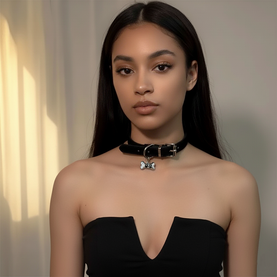 Woman wearing a black top and choker with a bow pendant against a neutral background