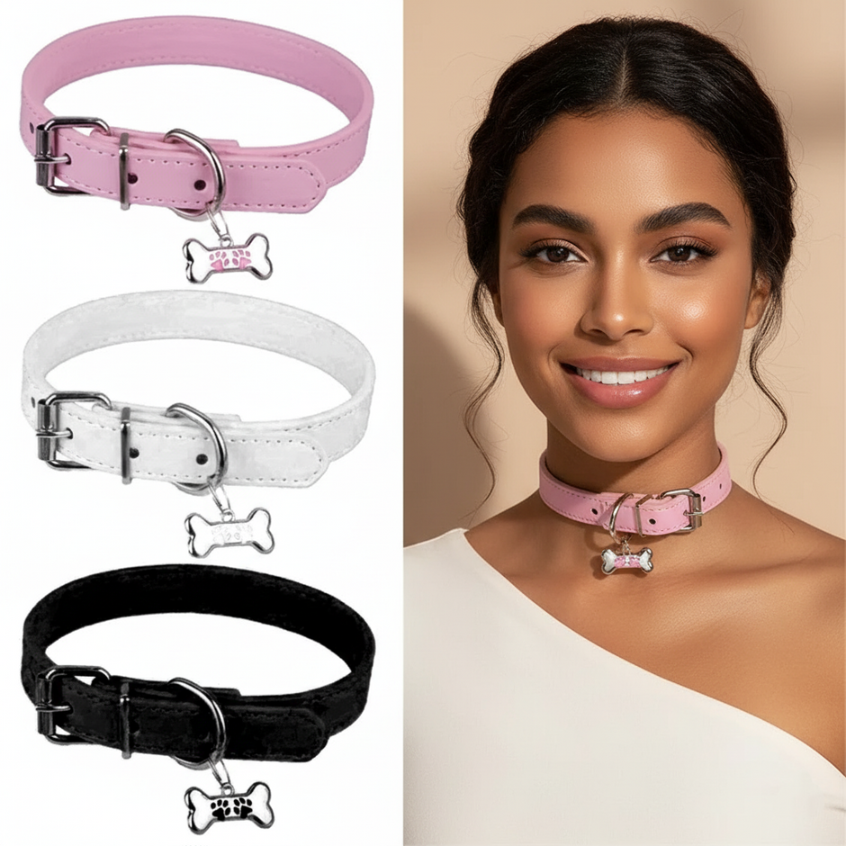 Three dog collars in pink, white, and black with bone-shaped tags on a white background. A woman wearing a pink dog collar is also shown.