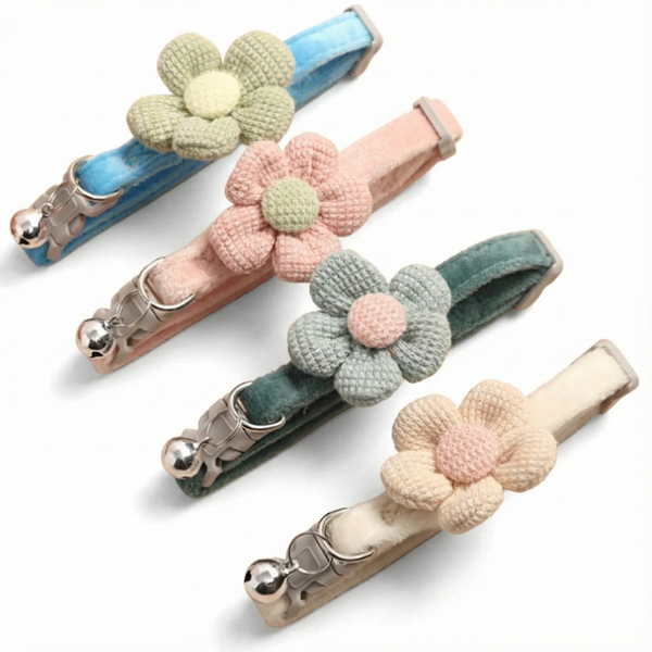 All 4 color options of the Chic Flower Cat Collar: Beige, Blue, Green, Pink