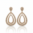 Pair of Gold-plated, double teardrop dangle earrings with a textured, rhinestone-encrusted finish. on a white background
