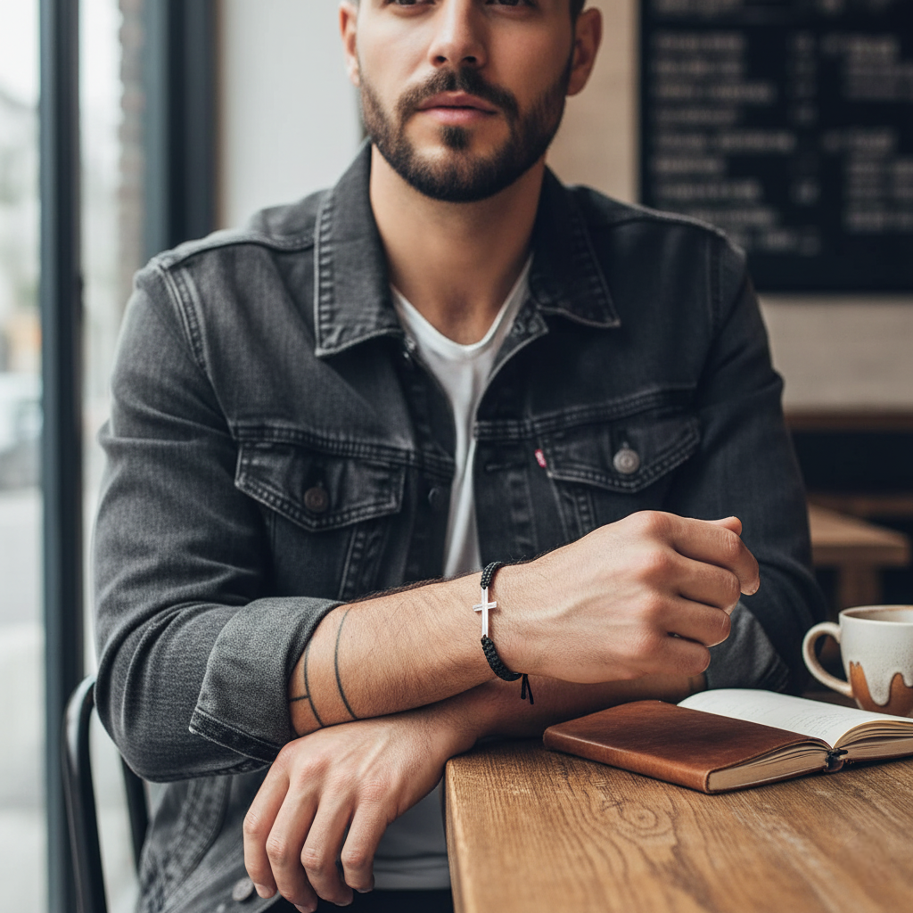 Man sitting at a table in a cafe with Black braided bracelet with a silver cross charm