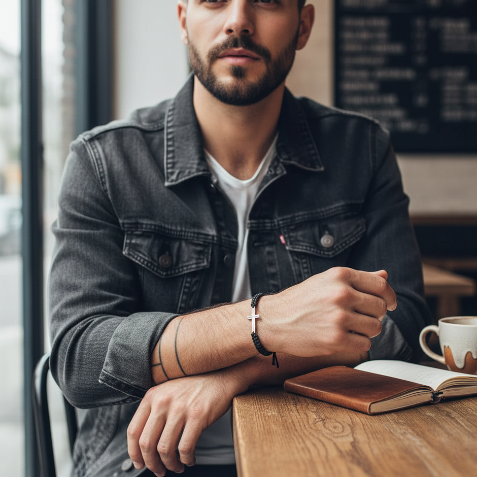 Man sitting at a table in a cafe with Black braided bracelet with a silver cross charm
