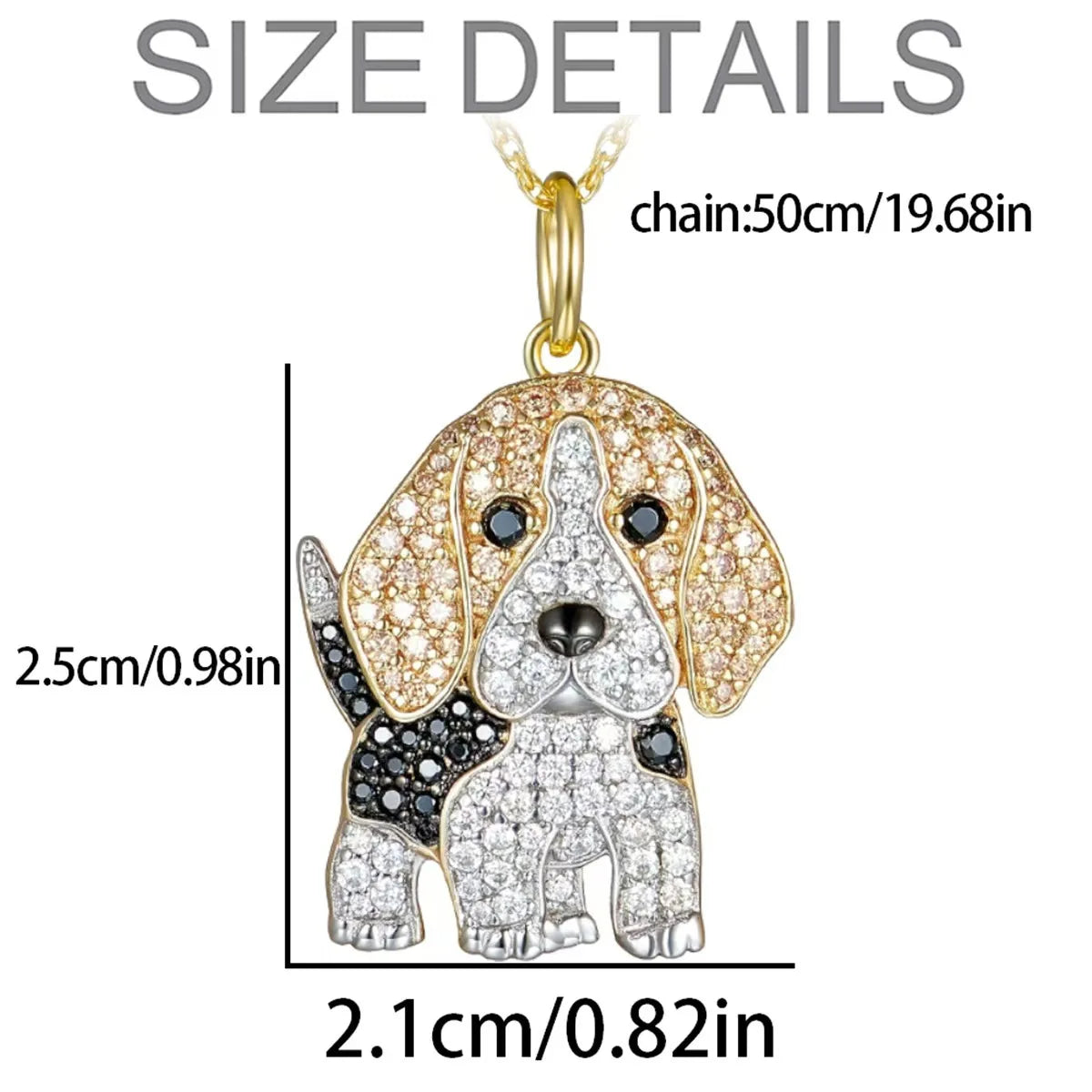 Dog-shaped pendant with measurement details on a white background