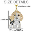Dog-shaped pendant with measurement details on a white background