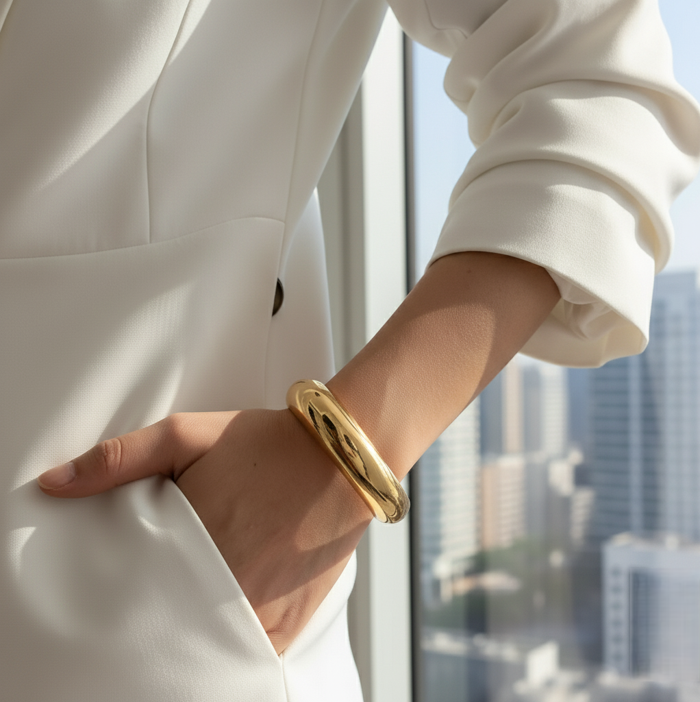 Person wearing a gold bracelet with a cityscape in the background