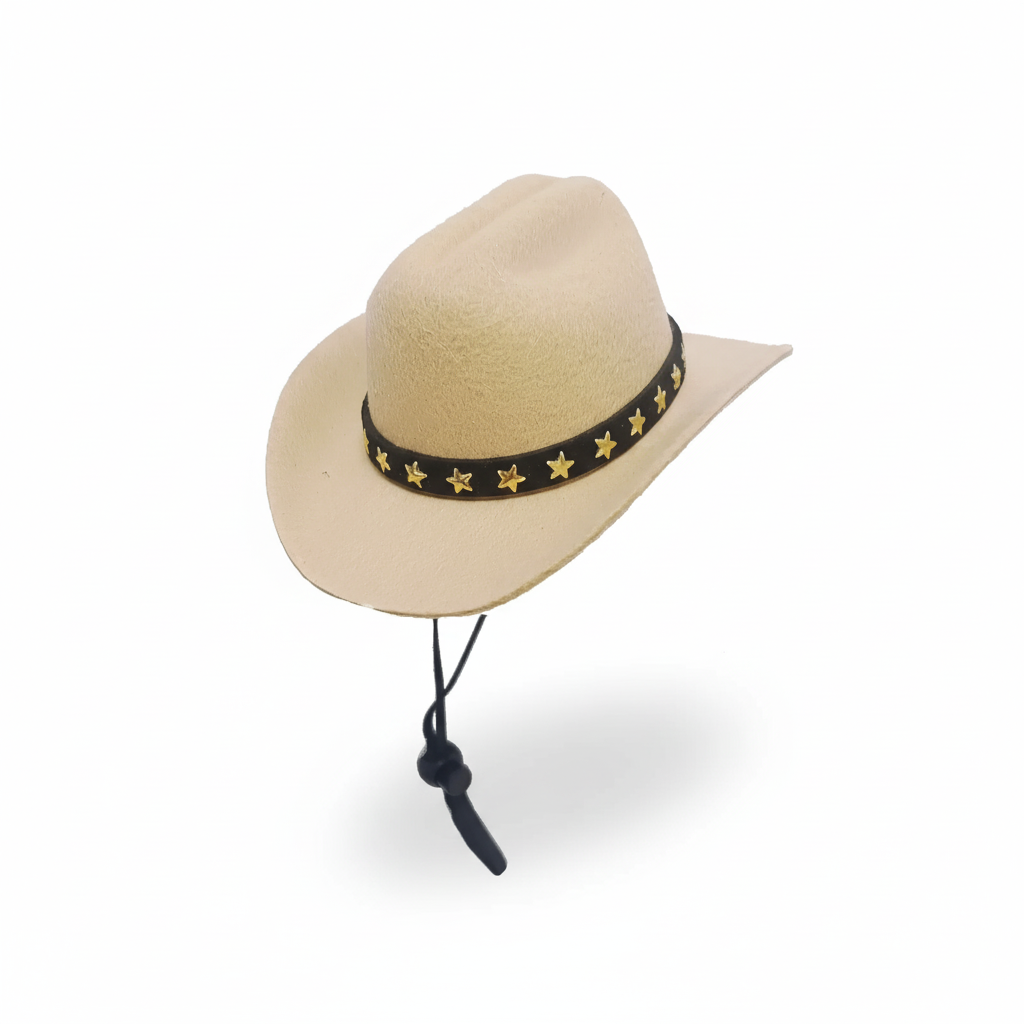 Beige cowboy pet hat with a black band featuring gold stars on a white background