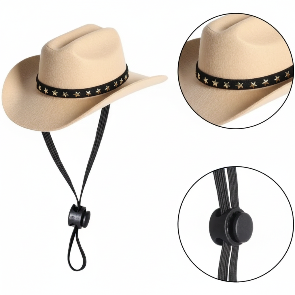 Beige cowboy pet hat with a black strap and star pattern on a white background