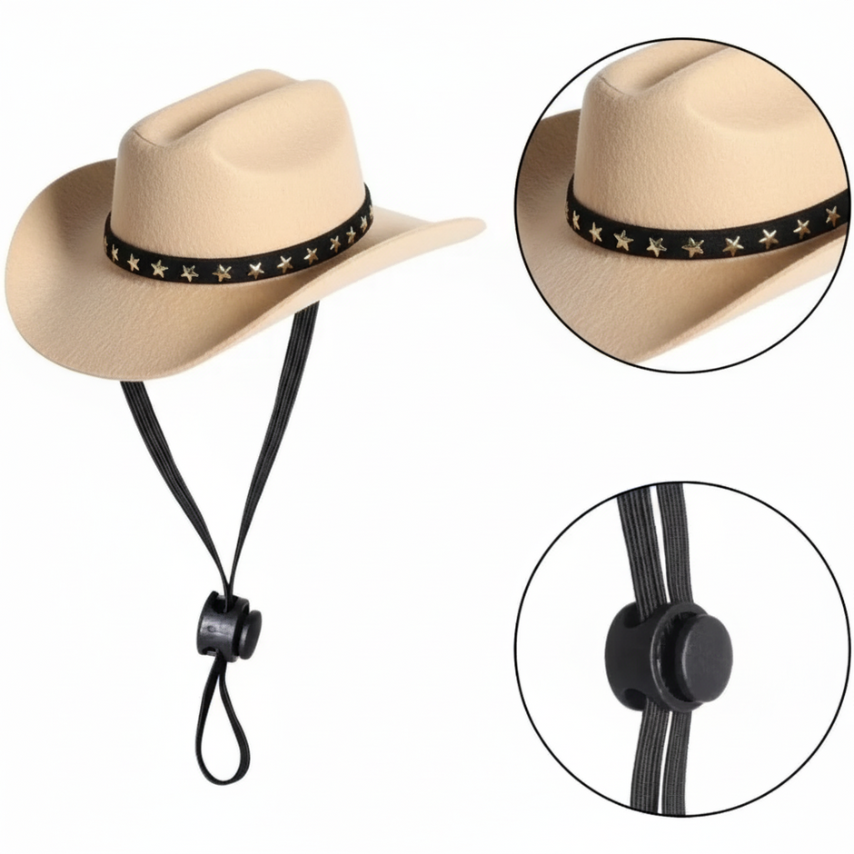 Beige cowboy pet hat with a black strap and star pattern on a white background
