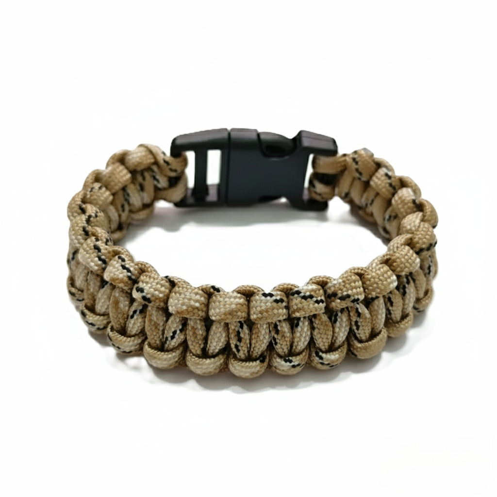 Beige paracord bracelet with a black buckle on a white background