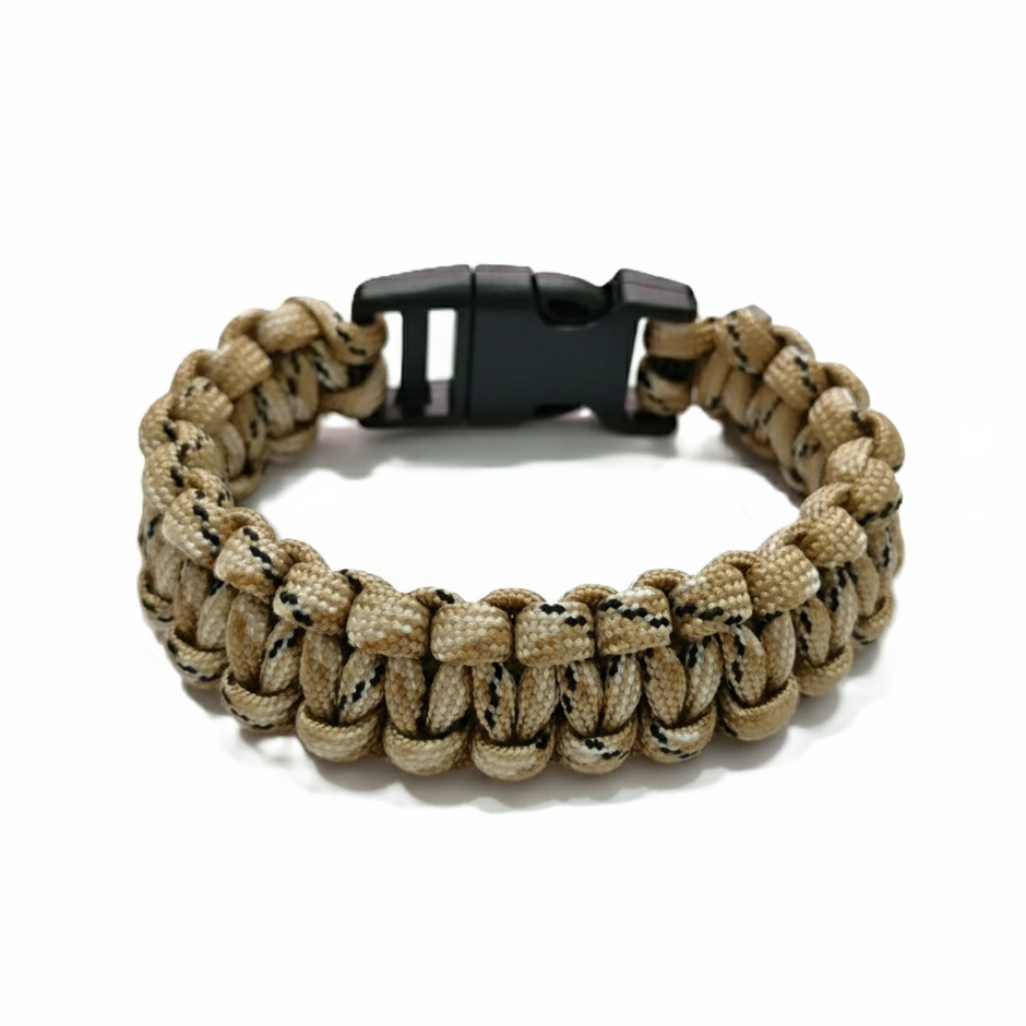 Beige paracord bracelet with a black buckle on a white background