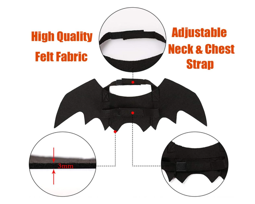 Black bat-shaped costume with adjustable neck and chest strap on a white background