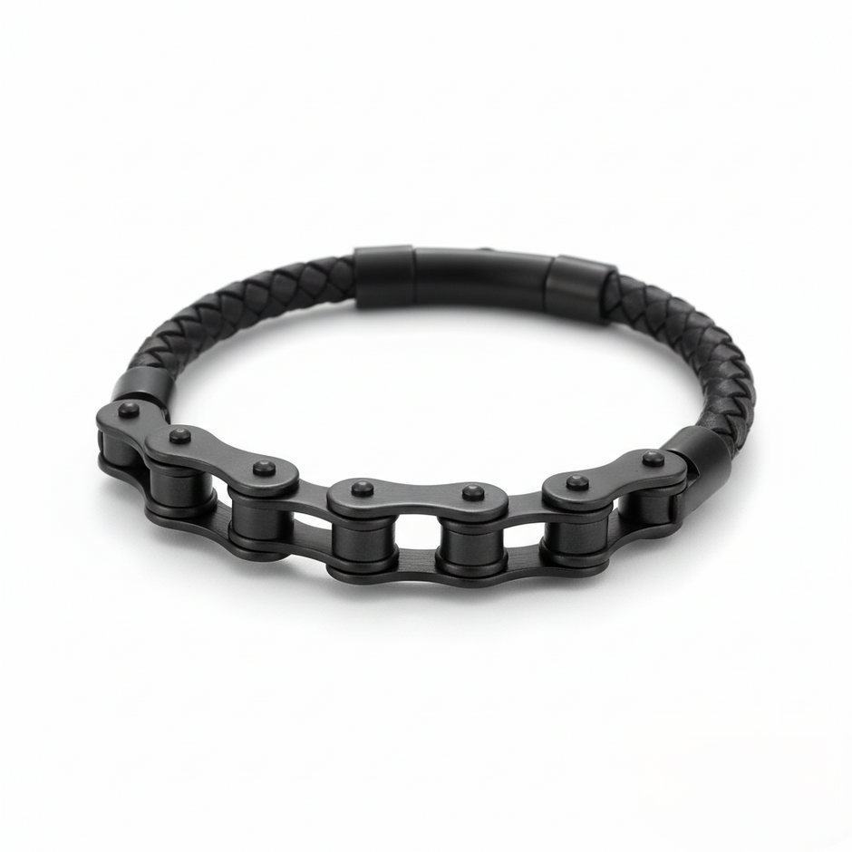 Black bracelet with braided design on a white background