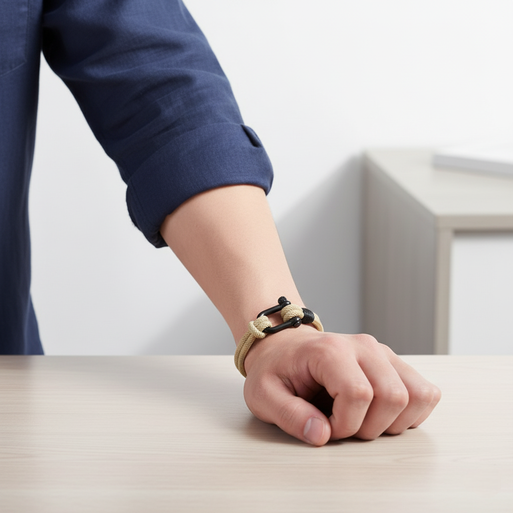 Person wearing a Black braided bracelet on a neutral background